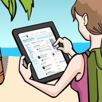 A woman lounging at a beach resort is checking her Planapple plans on her iPad