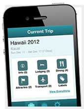 The Planapple mobile app, running on an iPhone, shows your travel plans grouped into categories like Lodging, Dining, Attractions, and Transportation