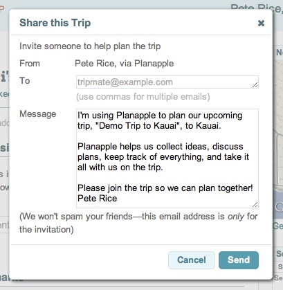 Inviting tripmates in the Share dialog